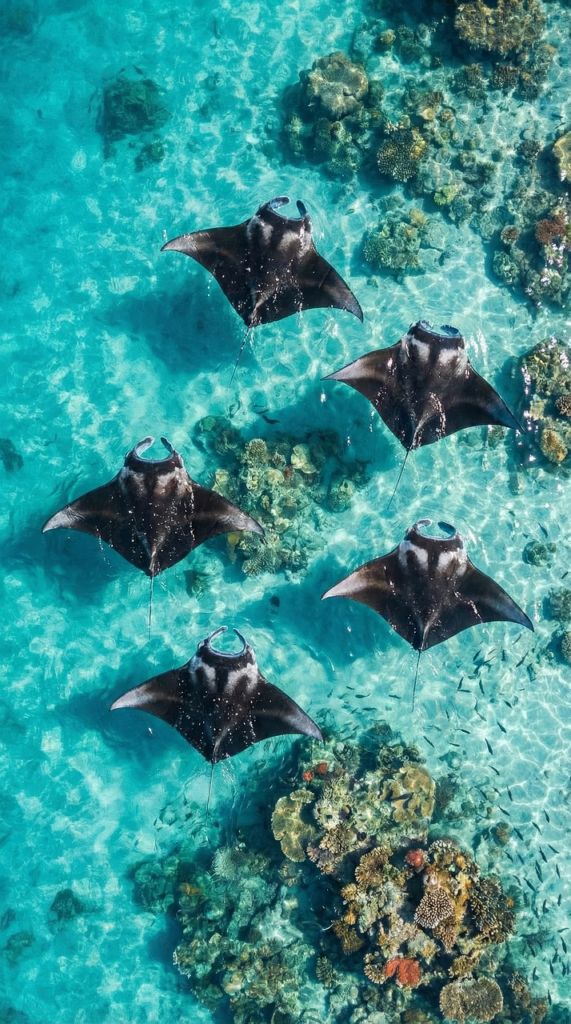 manta ray, ocean, aerial view, coral reef, turquoise water, marine life, sea, tropical, underwater, wildlife, nature, aquatic, swimming, reef, blue, biodiversity, ecosystem, formation, animal, clear water, summer, vacation, scenic, ai generated